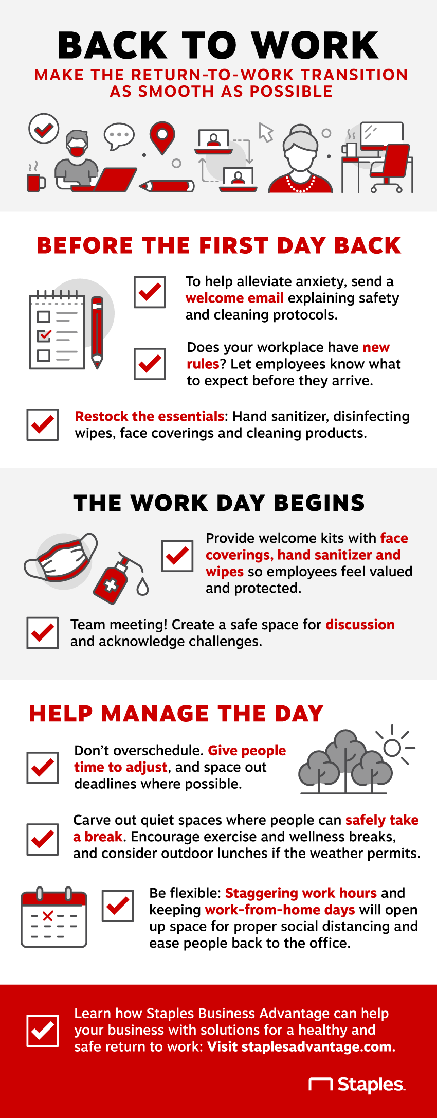 Infographic with tips on prepping for your first day back at work, when the first day begins and how to manage the day.