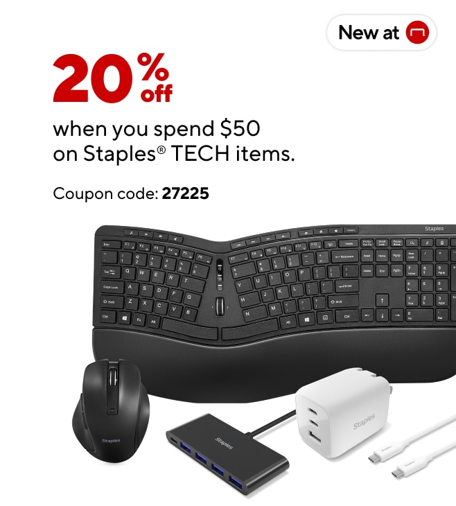 Save 20% when you spend $50 or more on Staples Tech items