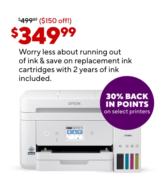 Worry less about running out of ink & save on replacement ink cartridges with 2 years of ink included. Feature printer $349.99 + 30% back in points.