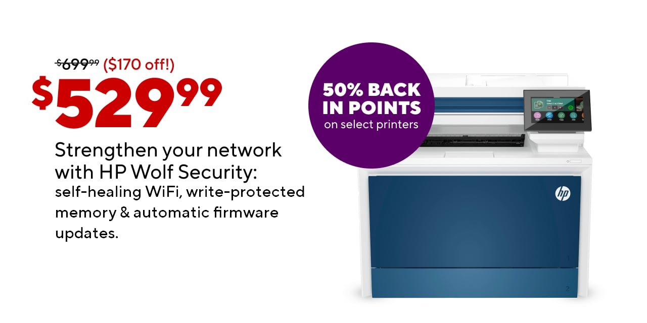 Strengthen your network with HP Wolf Security: self-healing wifi, wire-protected memory & automatic firmware updates at $529.99 PLUS 50% BIP