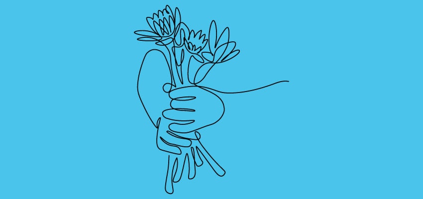 Doodle style drawing of hands holding a bouquet of flowers