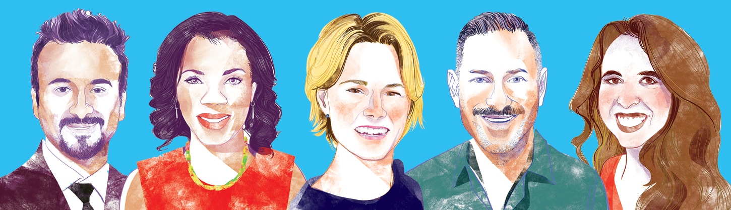 Illustrated headshots of five hybrid workplace culture experts