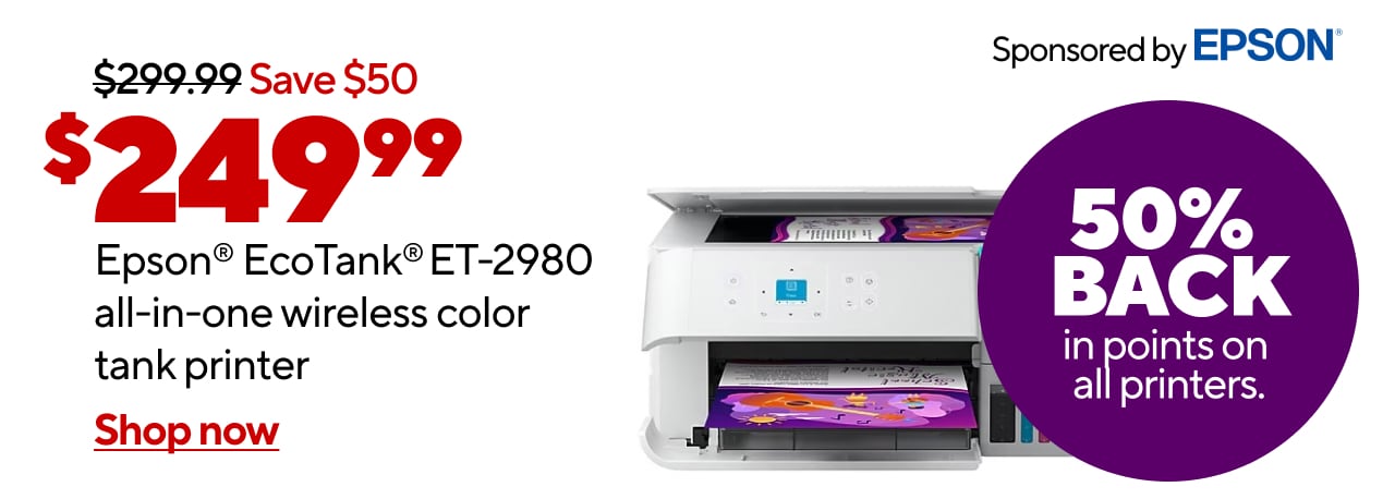 $249.99 and 3 years of ink included in the box with the Epson EcoTank ET-2980 Wireless All-in-One Color Supertank Printer