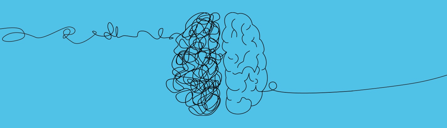Line sketch of a brain, jumbled on the left half and normal on the right half