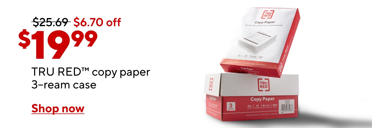 Only $19.99 for TRU RED copy paper, 3-ream case