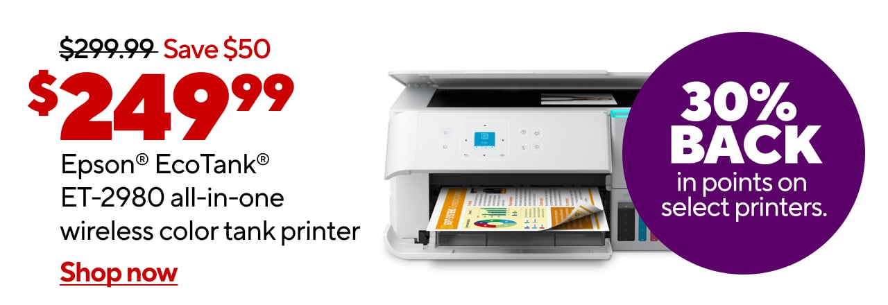 $249.99 Epson® EcoTank® ET-2980 all-in-one wireless color tank printer