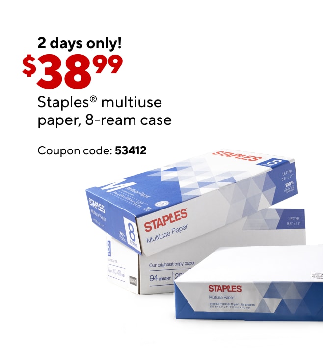 Only $38.99 after code for Staples multiuse copy paper, 8.5' x 11', 8-ream case.