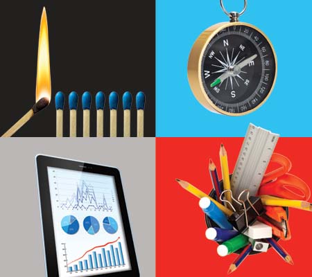 collage of matches, a compass, tablet with graphs, and office supplies