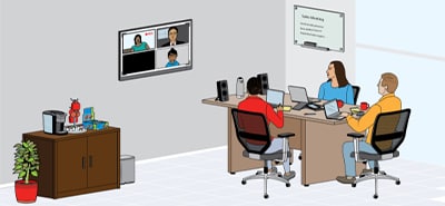Illustration of coworkers meeting, some people are in-person and others are participating remotely