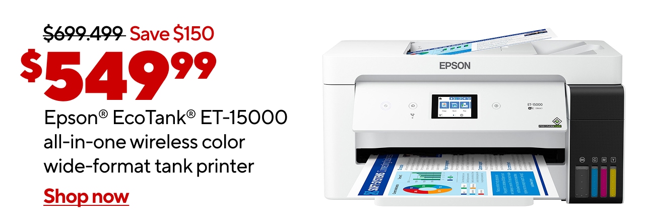 $549.99 Epson® EcoTank® ET-15000 all-in-one wireless color wide-format tank printer