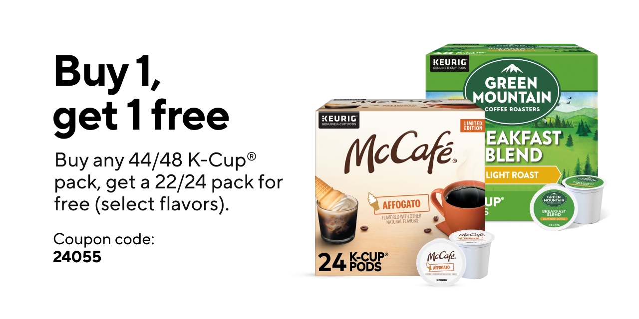 Buy 1 Select 44/48ct Keurig K-Cup, Get 1 Select 22/24ct Keurig K-Cup Free! Use Coupon Code: 24055