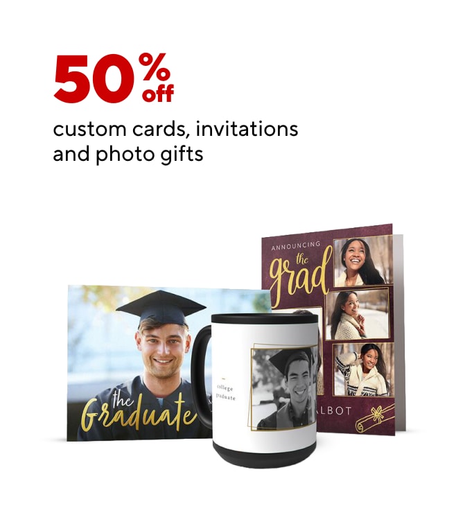 50% off custom cards, invitations and photo gifts