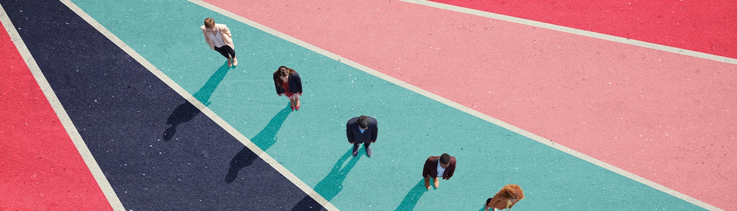 aerial view of a people lined in a row