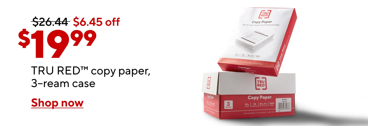 Only $19.99 for TRU RED copy paper, 3-ream case