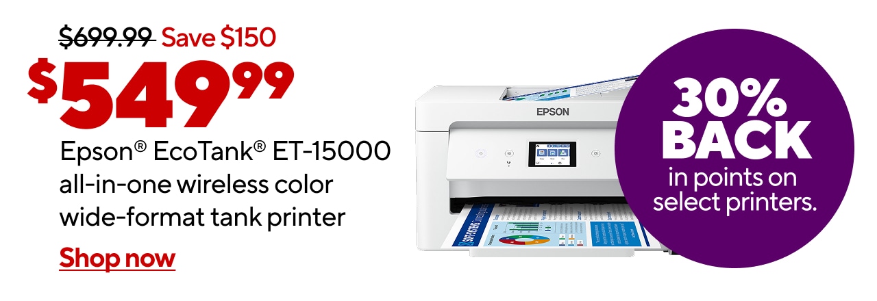 $549.99 Epson® EcoTank® ET-15000 all-in-one wireless color tank printer.