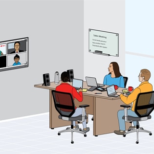 Illustration of coworkers meeting, some people are in-person and others are participating remotely