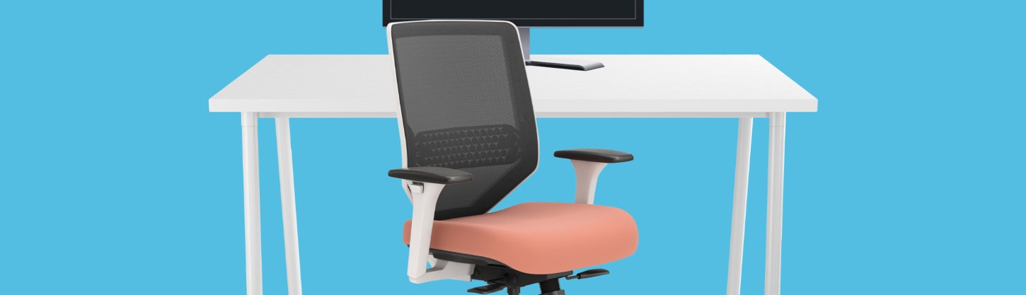 computer monitor, office desk and chair
