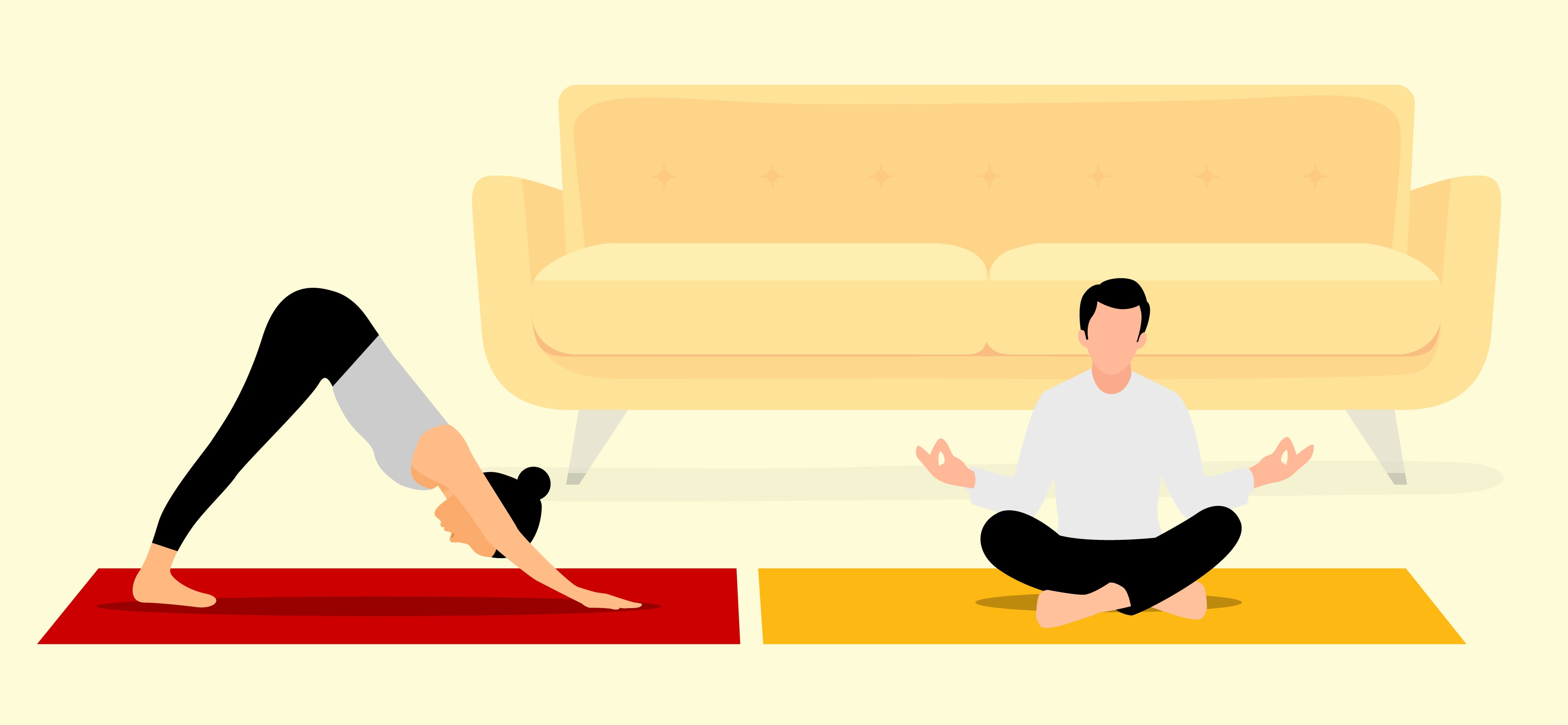 Woman on yoga mat doing a pose and a man on a yoga mat meditating.