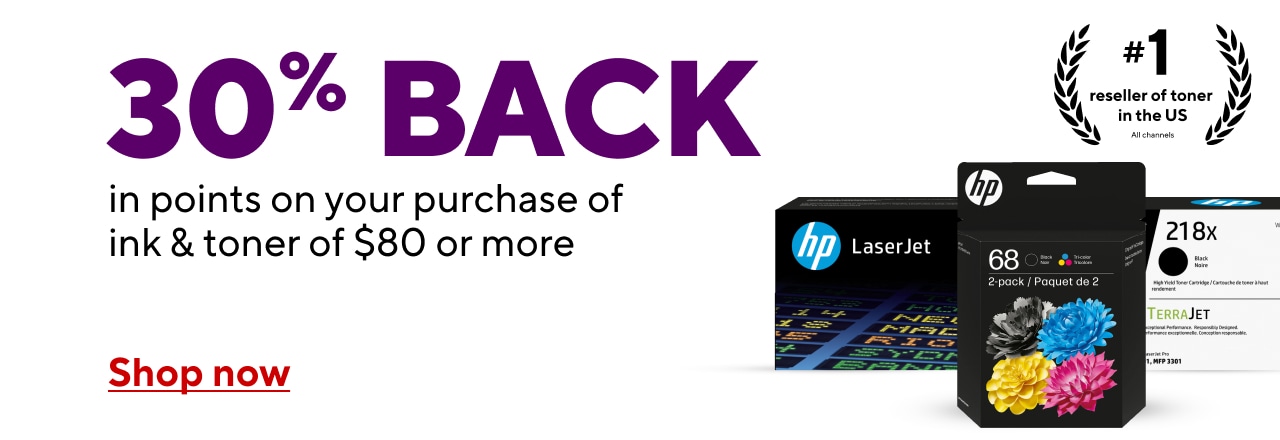 30% back on points on $80 or more of ink and toner.