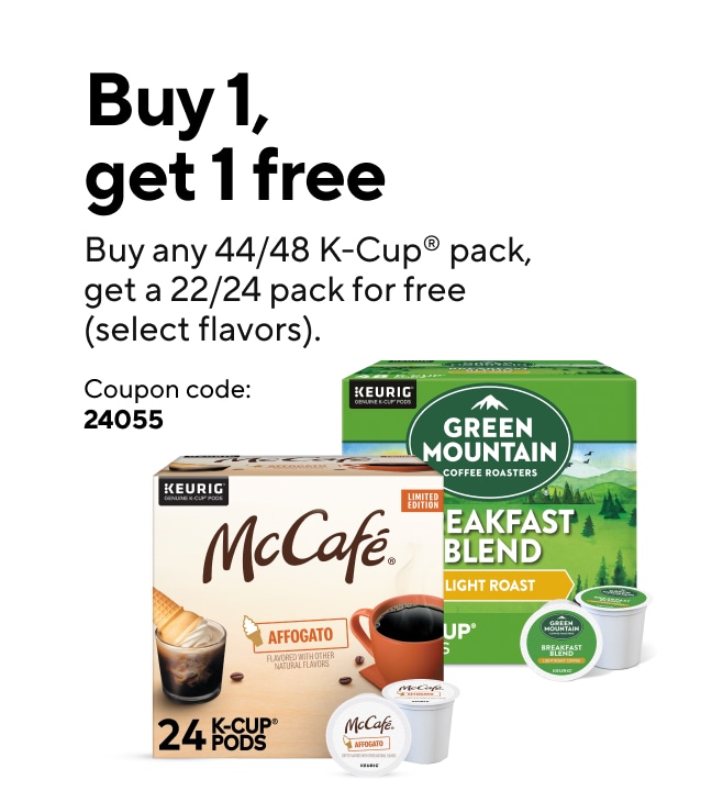 Buy 1 Select 44/48ct Keurig K-Cup, Get 1 Select 22/24ct Keurig K-Cup Free! Use Coupon Code: 24055