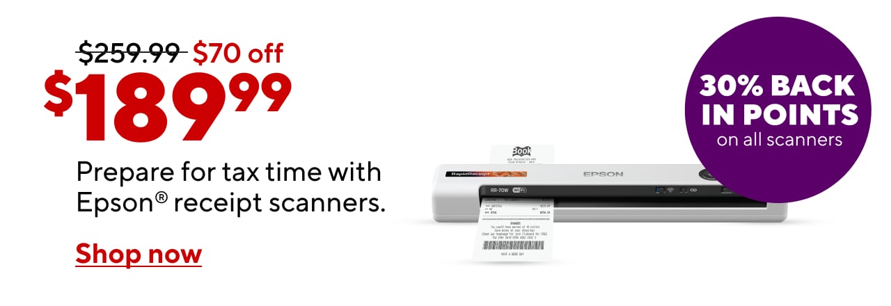 Prepare for tax time with Epson Receipt Scanners $259.99 strikethrough to $189.99