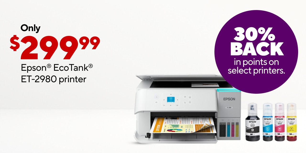 $299.99 Epson® EcoTank® ET-2980 printer includes up to 3 years of ink.