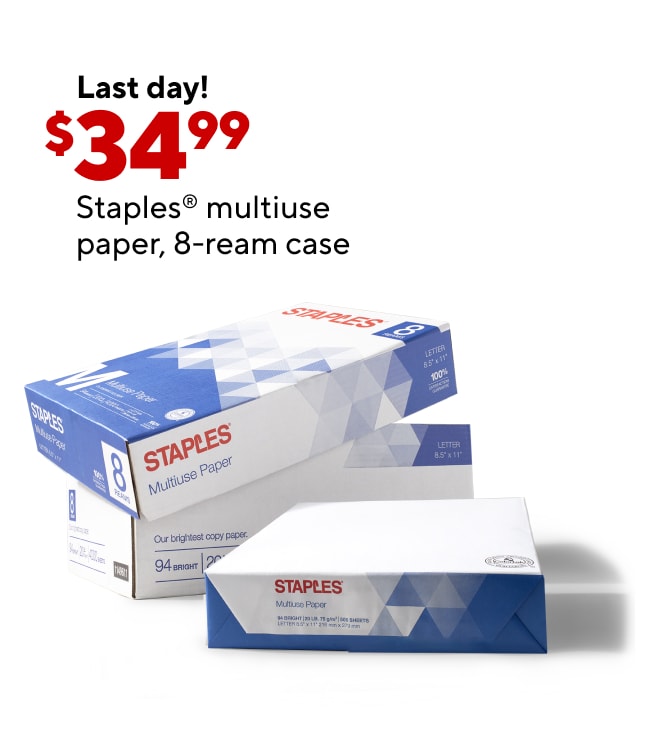 Only $34.99 for Staples multiuse copy paper, 8.5" x 11", 8-ream case.