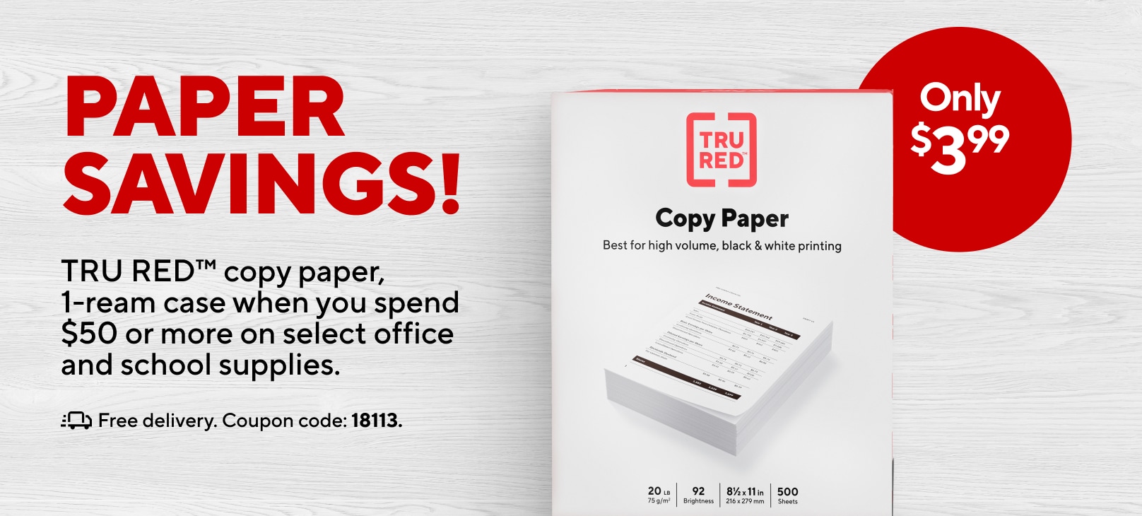 TRU RED Printer Paper, 92 Bright, 20 lb, 8.5 x 11, 500 Sheets/Ream (135855)